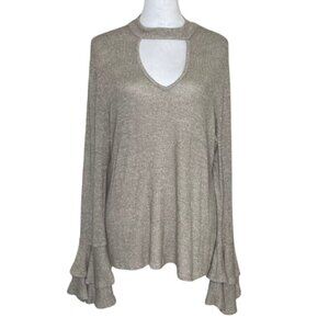 Lily Black Women's Cut Out V-Neck Ruffled Tier Sleeve Blouse Metallic Tan Top L